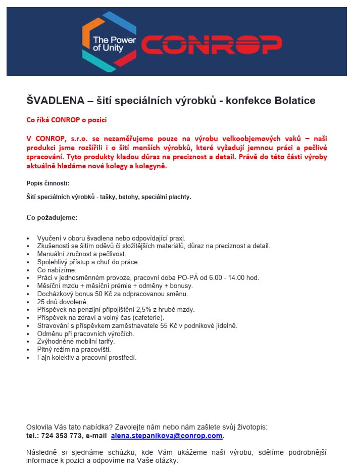 NABÍDKA PRÁCE - CONROP NABÍDKA PRÁCE - CONROP