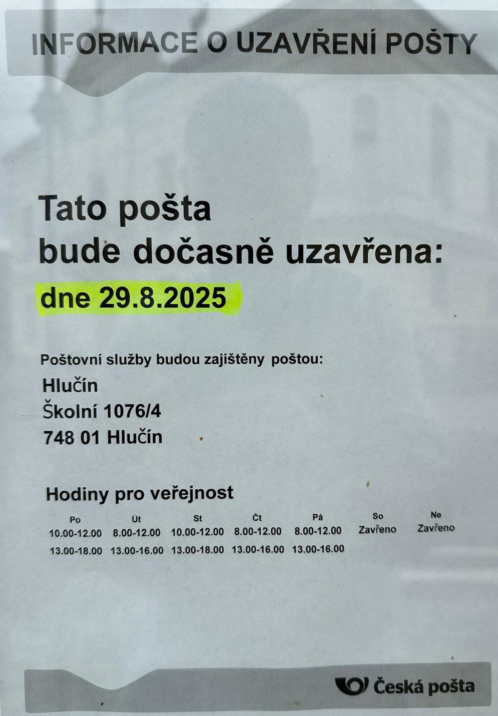 Oznámení : Česká pošta Dolní Benešov