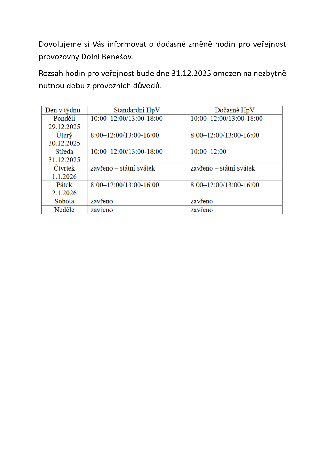 Otevírací doba pošty během vánočních svátků