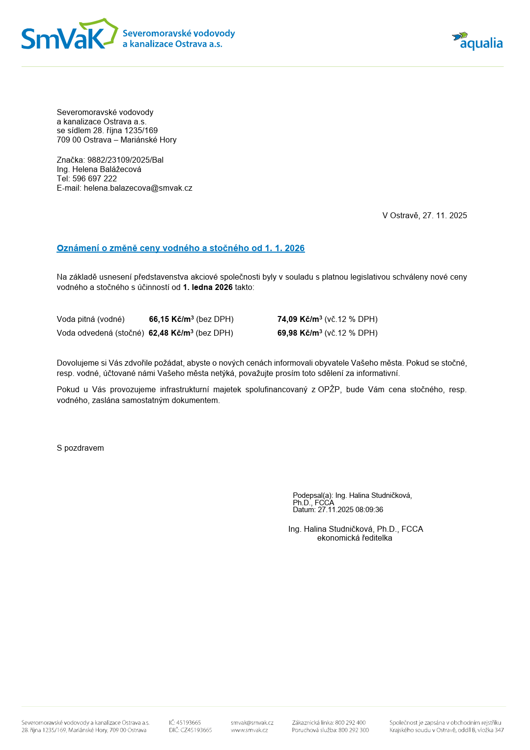 Změna ceny vodne stočne