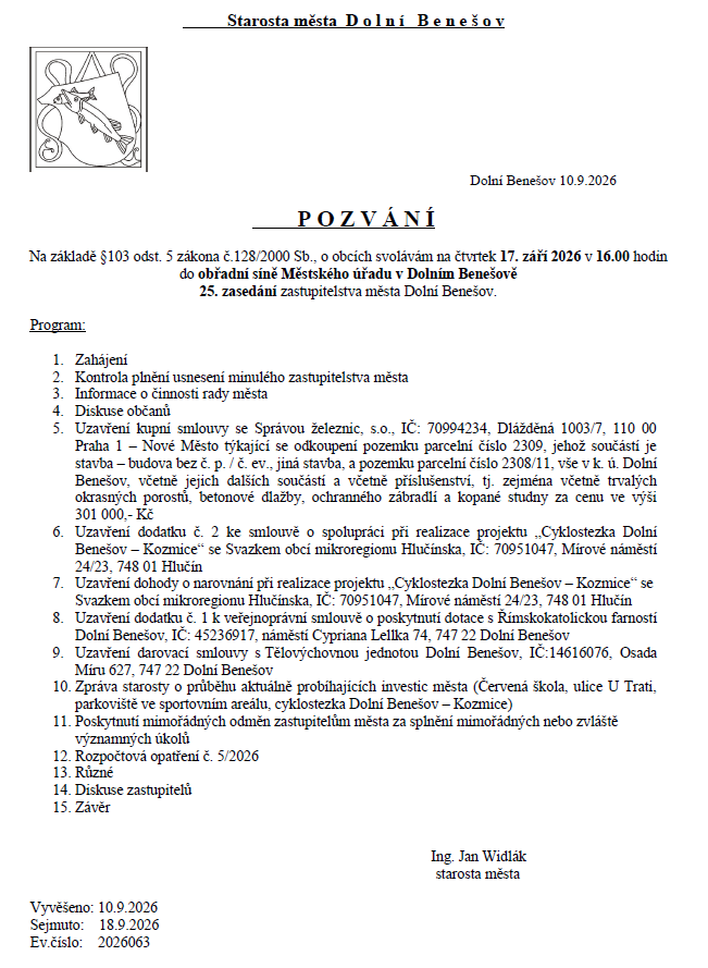 25. zasedání zastupitelstva města Dolní Benešov